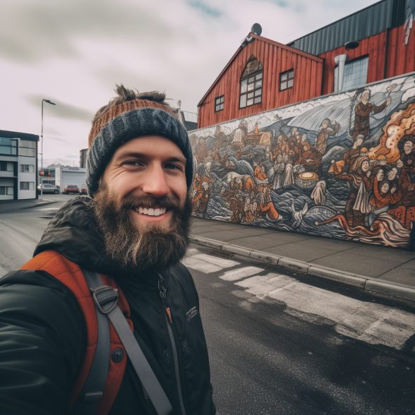 Reykjavik Viking District Art Mural Northern Lights