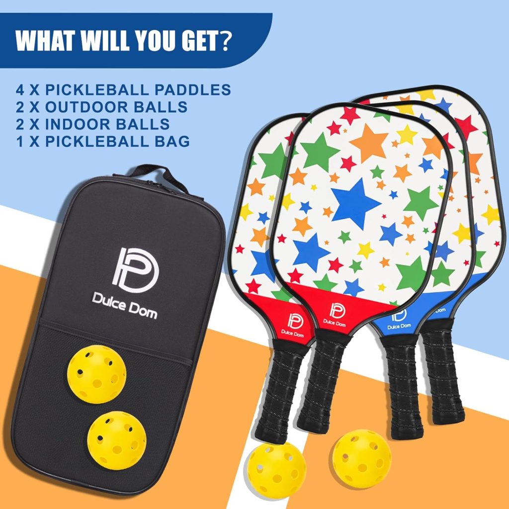 DULCE DOM Pickleball Paddles, USAPA Approved Fiberglass Pickleball Set of 2/4 with Pickleball Paddles, 4 Pickleball Balls and Pickleball Bag, Pickleball Rackets Gifts for Beginners  Pros